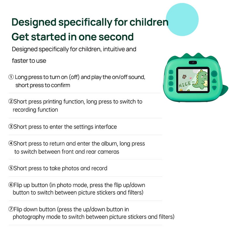Kids Camera Instant Thermal Printer 2.4 Inch Screen Dual Camera Support Timer Shooting 1080P Video Recording Thermal Inkless Printing with 3 Rolls White Print Paper Toddler Learning Toy Birthday Gift - Image 2