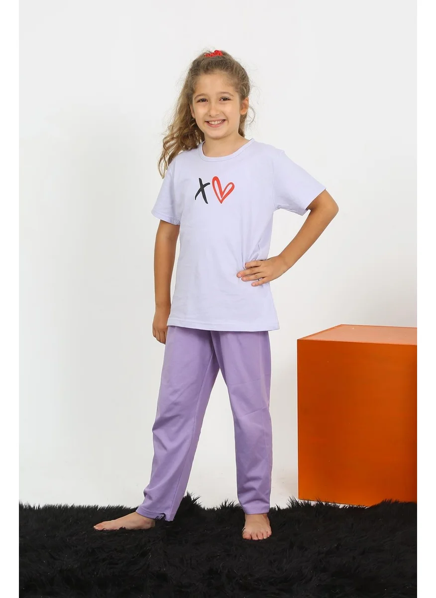 اكبينيز Girl's Short Sleeve Lilac Combed Cotton Pajama Set 20432