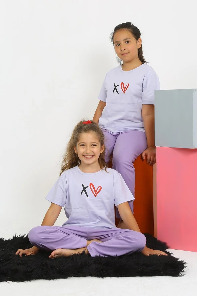 Akbeniz Girl's Short Sleeve Lilac Combed Cotton Pajama Set 20432