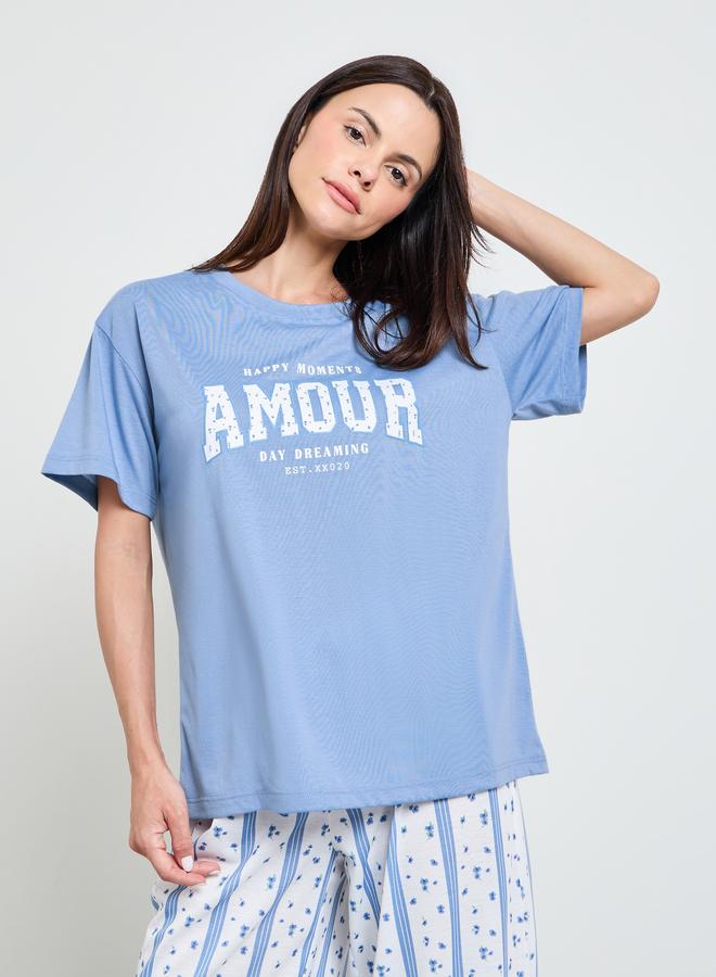 Styli Blue Amour Graphic Drop Shoulder T-Shirt and Pyjama Set - Image 3