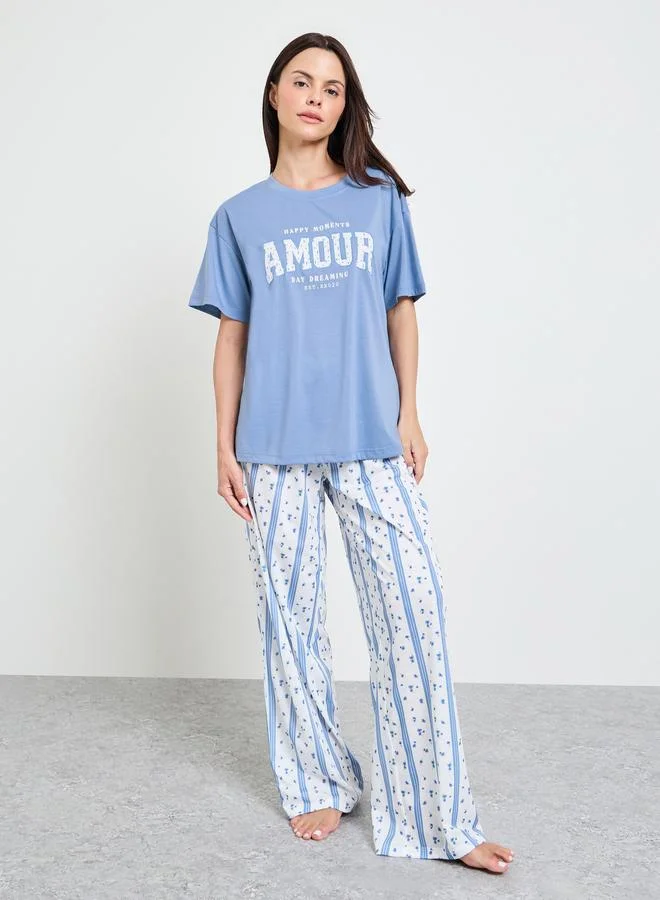 Styli Blue Amour Graphic Drop Shoulder T-Shirt and Pyjama Set