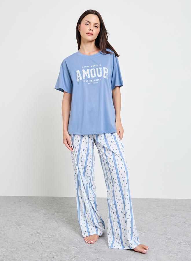 Styli Blue Amour Graphic Drop Shoulder T-Shirt and Pyjama Set - Image 2