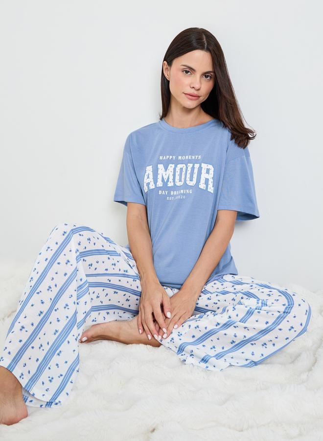 Styli Blue Amour Graphic Drop Shoulder T-Shirt and Pyjama Set - Image 1