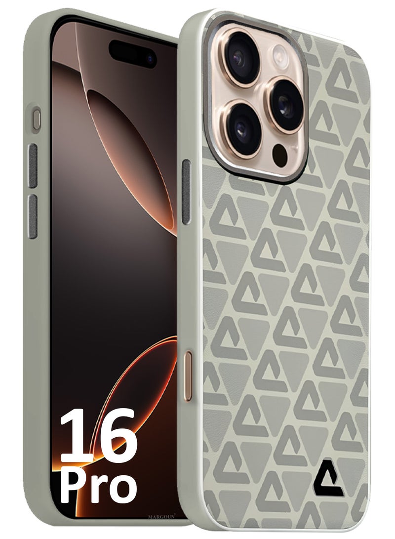 CATANES Hard Leather Case for iPhone 16 Pro, Back Cover Triangle Pattern Shockproof Protective Phone Case - Light Beige - Image 3