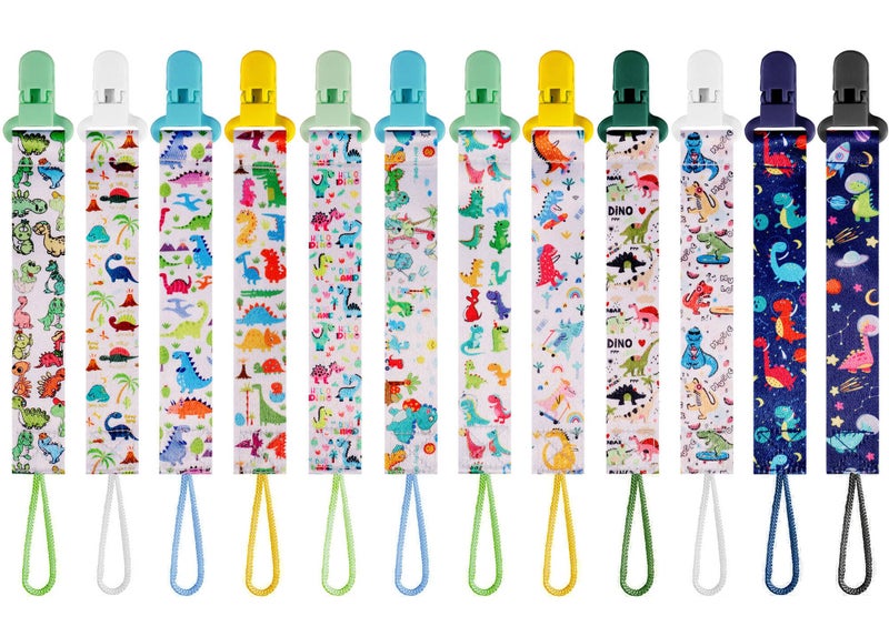 12 Pack Pacifier Clips with Adjustable Strap (32-46.5cm)/Short Strap(25.5cm) - Premium Polyester Baby Pacifier Holder Set, Multi-Design Clips for Boys Girls (Multicolor F 24/25cm)