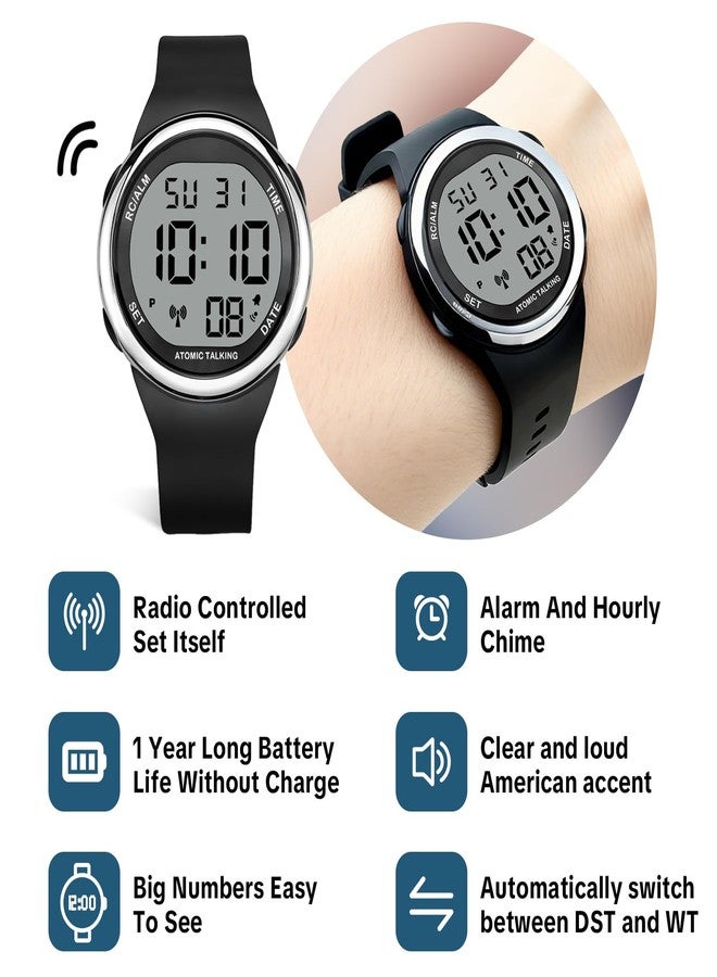 MAUJOY Men's English Atomic Talking Watch(Black Silicone Strap) Digital Display - Announces Time, Date & Alarm - Enhances Independent Living for Elderly, Visually Impaired & Low-Vision Users - Image 3
