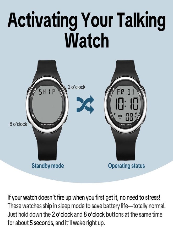 MAUJOY Men's English Atomic Talking Watch(Black Silicone Strap) Digital Display - Announces Time, Date & Alarm - Enhances Independent Living for Elderly, Visually Impaired & Low-Vision Users - Image 5