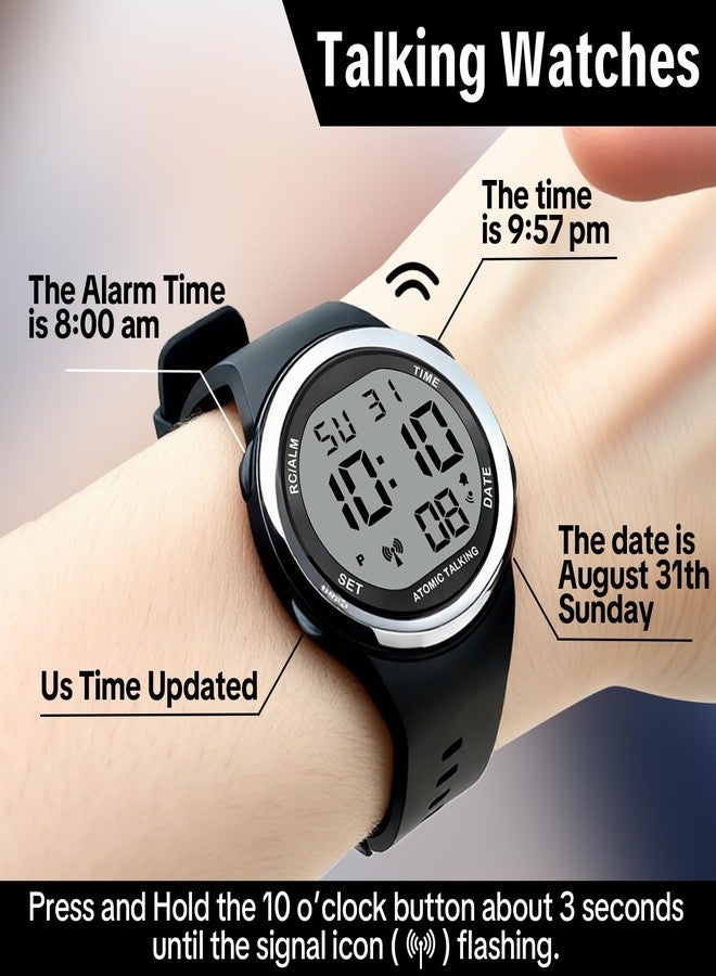 MAUJOY Men's English Atomic Talking Watch(Black Silicone Strap) Digital Display - Announces Time, Date & Alarm - Enhances Independent Living for Elderly, Visually Impaired & Low-Vision Users - Image 2