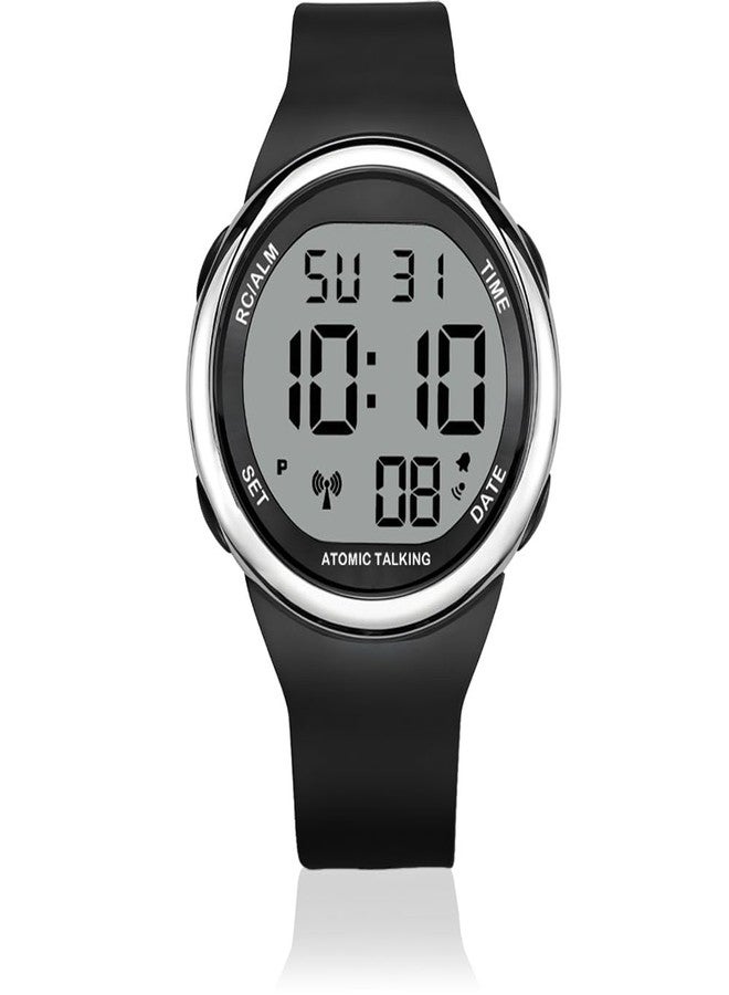 MAUJOY Men's English Atomic Talking Watch(Black Silicone Strap) Digital Display - Announces Time, Date & Alarm - Enhances Independent Living for Elderly, Visually Impaired & Low-Vision Users - Image 1