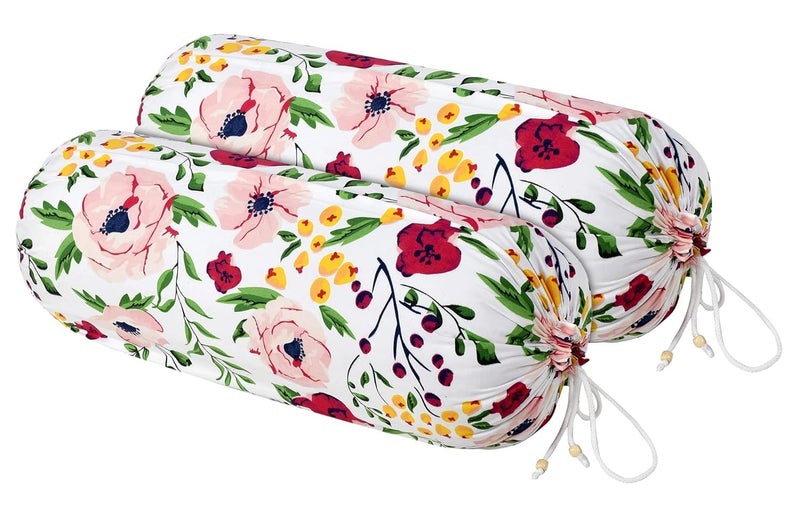 Kuber Industries Kuber Industries Cotton Bolster Cover Soft Bolster Pillow Cover for Bedroom Living Room Bolster Cover 16 X 32 Pack of 2 White Pink - Image 1