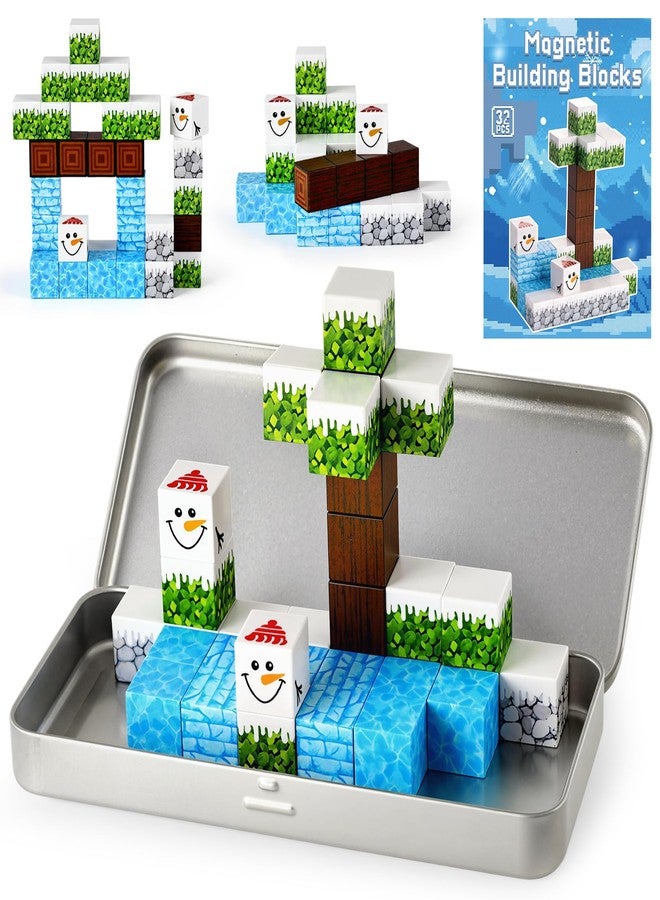 3 otters 32PCS Magnetic Blocks, STEM Toys for Kids Travel Magnetic Tiles with Storage Box for Kids Party Birthday Gift (Winter) - Image 1