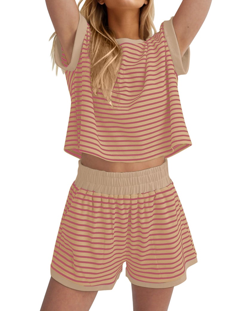 MISSACTIVER 2 Piece Lounge Set Women Stripe Knit Short Sleeve Tee Shirts Shorts Casual Summer Loungewear Shorts Sets - Image 1