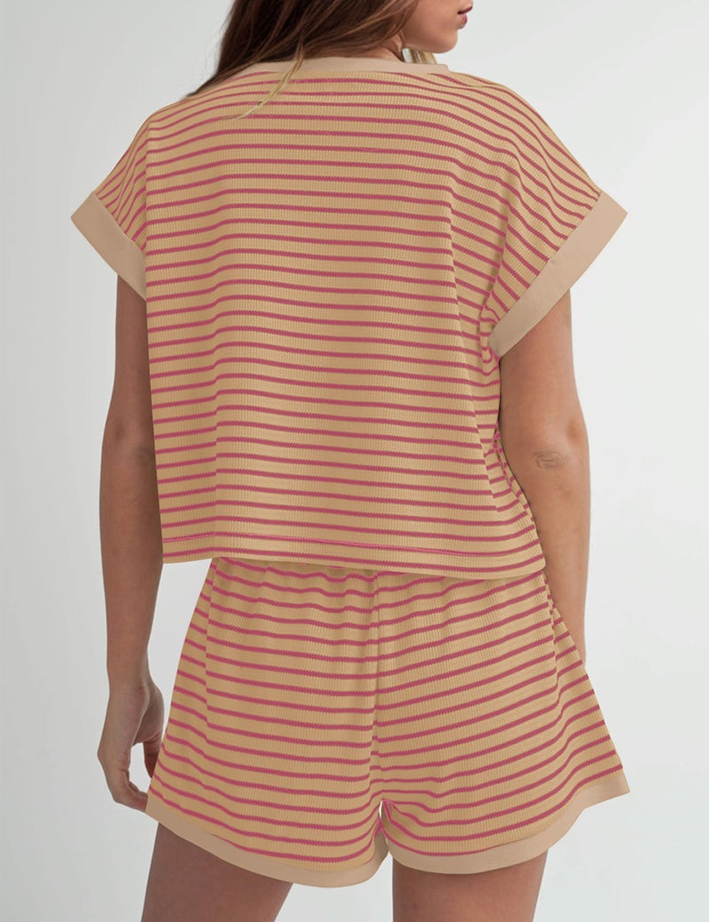 MISSACTIVER 2 Piece Lounge Set Women Stripe Knit Short Sleeve Tee Shirts Shorts Casual Summer Loungewear Shorts Sets - Image 2