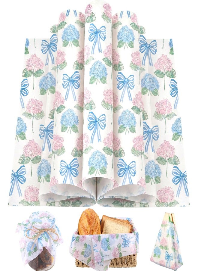Fabllewavi 150 Sheets Watercolor Hydrangea Wax Paper Sheets for Food Deli, 9.8 x 8.3 inch Pastel Floral Bow Greaseproof Deli Paper for Sandwich Picnic Basket Liner Birthday Wedding Party Supplies - Image 1