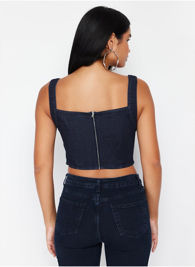 trendyol - Dark Blue Lace Collar Detailed Strap Denim Crop Bustier TWOSS24BS00010 - Image 1