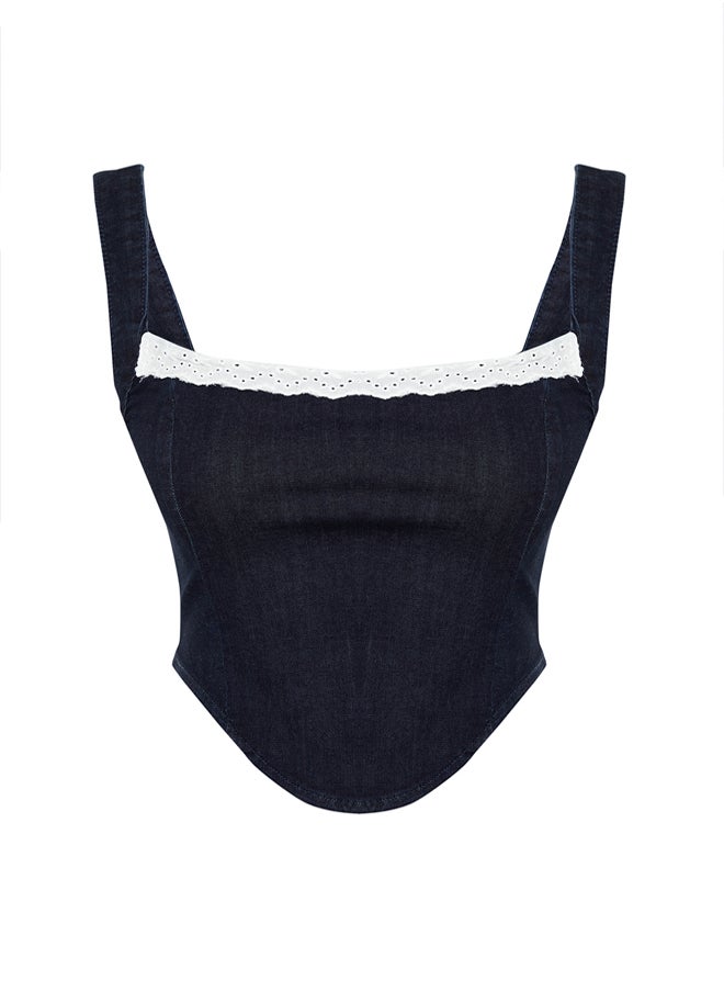 trendyol - Dark Blue Lace Collar Detailed Strap Denim Crop Bustier TWOSS24BS00010 - Image 1