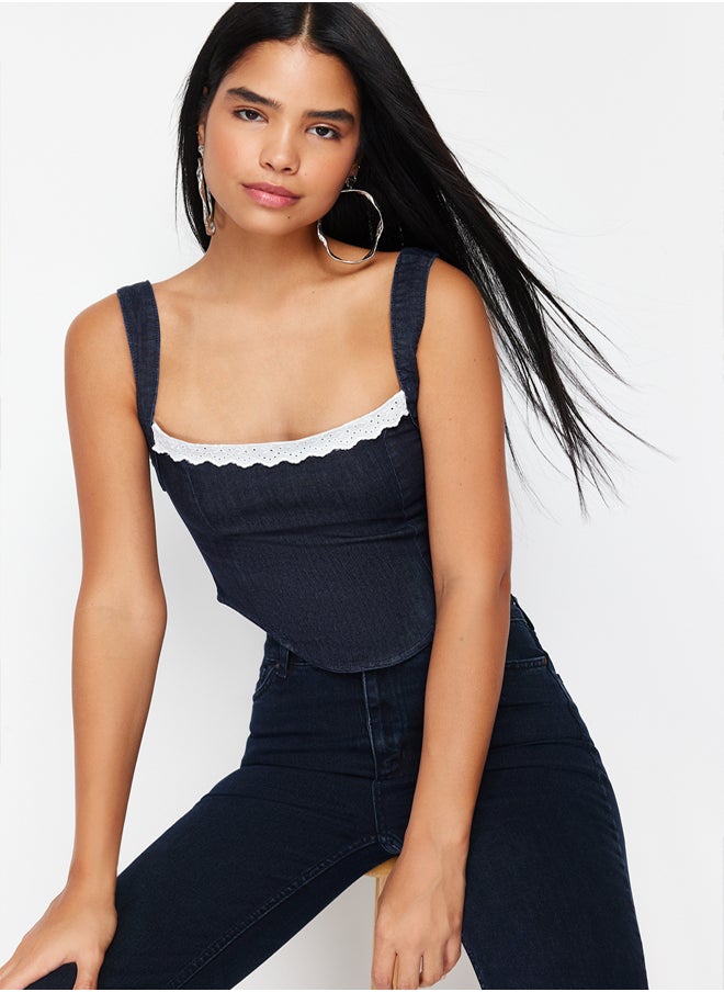 trendyol Dark Blue Lace Collar Detailed Strap Denim Crop Bustier TWOSS24BS00010  - Image 1