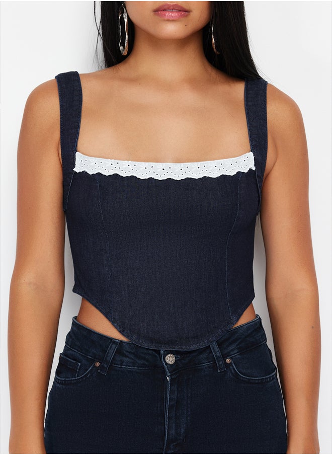 trendyol Dark Blue Lace Collar Detailed Strap Denim Crop Bustier TWOSS24BS00010  - Image 5