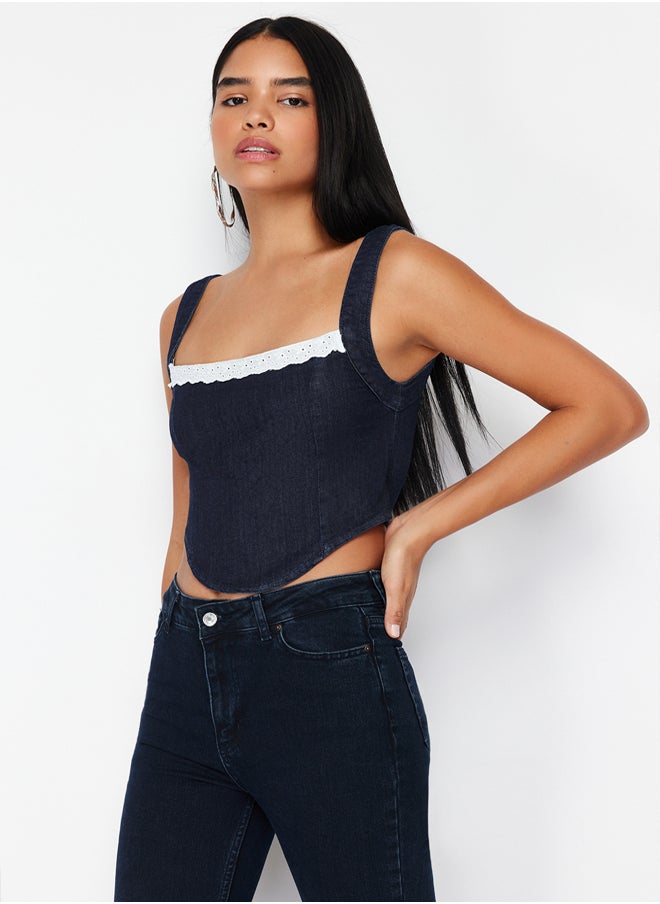 trendyol Dark Blue Lace Collar Detailed Strap Denim Crop Bustier TWOSS24BS00010  - Image 2