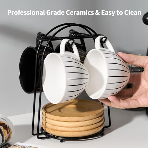 LUKA Ceramic Demitasse Espresso Cups Set with Saucers and Metal Stand, 8 oz Porcelain Cappuccino Cups Teacup For Tea, Espresso, Latte, Coffee, Cafe Mocha, Set of 4, Stripe White & Black - Image 4