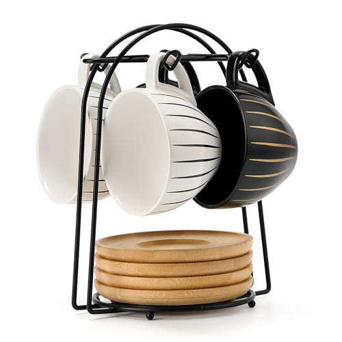 LUKA Ceramic Demitasse Espresso Cups Set with Saucers and Metal Stand, 8 oz Porcelain Cappuccino Cups Teacup For Tea, Espresso, Latte, Coffee, Cafe Mocha, Set of 4, Stripe White & Black - Image 1