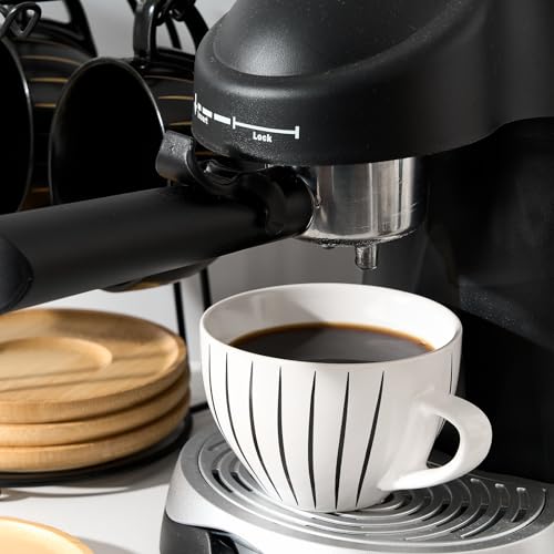 LUKA Ceramic Demitasse Espresso Cups Set with Saucers and Metal Stand, 8 oz Porcelain Cappuccino Cups Teacup For Tea, Espresso, Latte, Coffee, Cafe Mocha, Set of 4, Stripe White & Black - Image 5