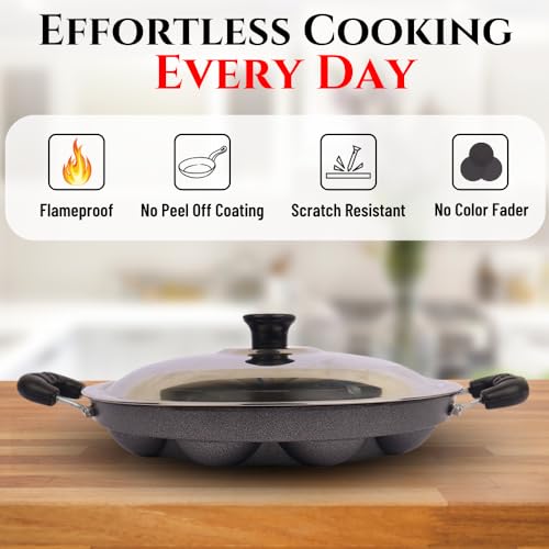 Magrido Non-Stick 12 Cavity Appam Patra with Stainless Steel Lid | Side Handle Non-Stick Appam Maker | Multipurpose Appe Pan, Litti Maker, Paniyaram Pan, Grill Pan | Gas Stove Appam Maker for Cooking - Image 4