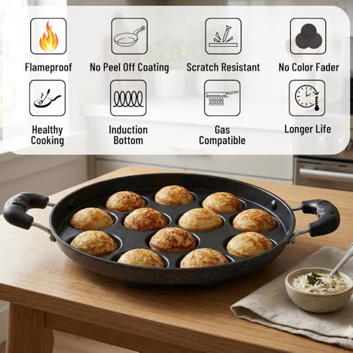 Magrido Non-Stick 12 Cavity Appam Patra with Stainless Steel Lid | Side Handle Non-Stick Appam Maker | Multipurpose Appe Pan, Litti Maker, Paniyaram Pan, Grill Pan | Gas Stove Appam Maker for Cooking - Image 5