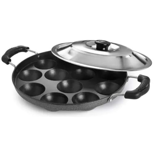 Magrido Non-Stick 12 Cavity Appam Patra with Stainless Steel Lid | Side Handle Non-Stick Appam Maker | Multipurpose Appe Pan, Litti Maker, Paniyaram Pan, Grill Pan | Gas Stove Appam Maker for Cooking - Image 1