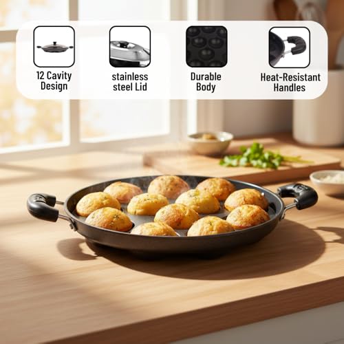 Magrido Non-Stick 12 Cavity Appam Patra with Stainless Steel Lid | Side Handle Non-Stick Appam Maker | Multipurpose Appe Pan, Litti Maker, Paniyaram Pan, Grill Pan | Gas Stove Appam Maker for Cooking - Image 3