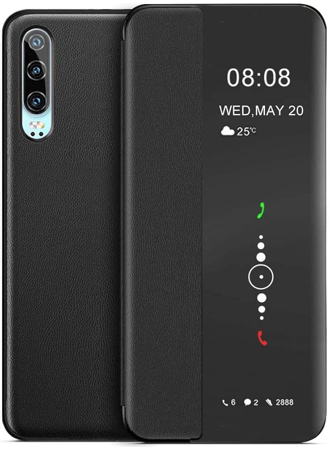 erorex Case For Huawei P30 Smart Mirror View Auto Sleep And Wake Up Leather Flip Cover Full Body Protective Case For Huawei P30 Not Original Huawei P30 Black - Image 1