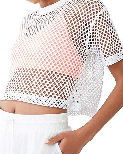 CLOZOZ Women's Mesh Crop Top See Through Fishnet Shirt Short Sleeve Crew Neck Sheer Cover Up - Image 2
