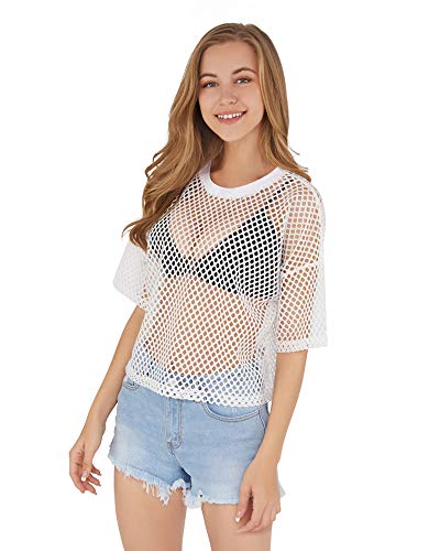 CLOZOZ Women's Mesh Crop Top See Through Fishnet Shirt Short Sleeve Crew Neck Sheer Cover Up - Image 5