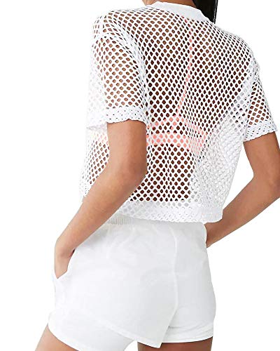 CLOZOZ Women's Mesh Crop Top See Through Fishnet Shirt Short Sleeve Crew Neck Sheer Cover Up - Image 3