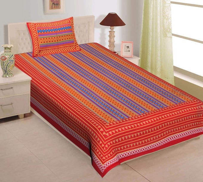 COTTON 144 TC RAJASTHANI JAIPURI TRADITIONAL SINGLE SIZE BEDSHEET WITH ONE PILLOW COVER SINGLE RED3