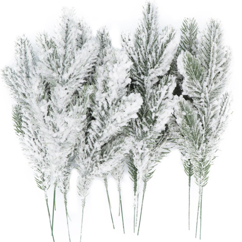 12Pcs Snowy Artificial Pine Needles  Branches Twigs 106 Frosted Pine Picks Greenery Stems for Crafts Wreaths Garlands  Holiday Decor