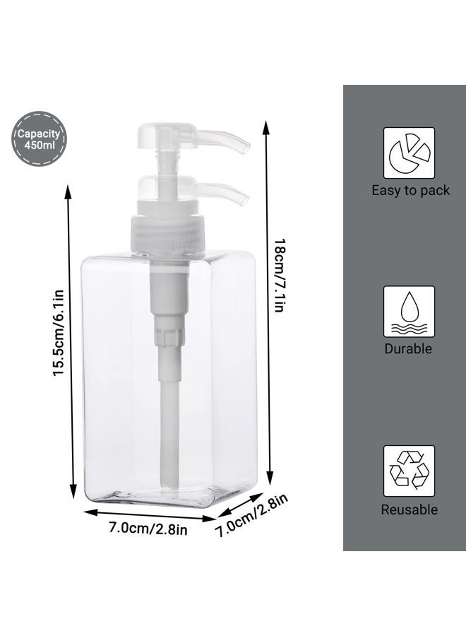 Suream Pump Bottle for Shampoo, 6 Pack 15.8oz/450ml Clear Plastic Refillable Soap Dispensers for Essential Oil Soap Lotion Conditioner, Empty Square Container for Bathroom Shower Wash and Kitchen Sink - Image 3