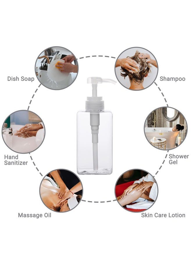 Suream Pump Bottle for Shampoo, 6 Pack 15.8oz/450ml Clear Plastic Refillable Soap Dispensers for Essential Oil Soap Lotion Conditioner, Empty Square Container for Bathroom Shower Wash and Kitchen Sink - Image 4