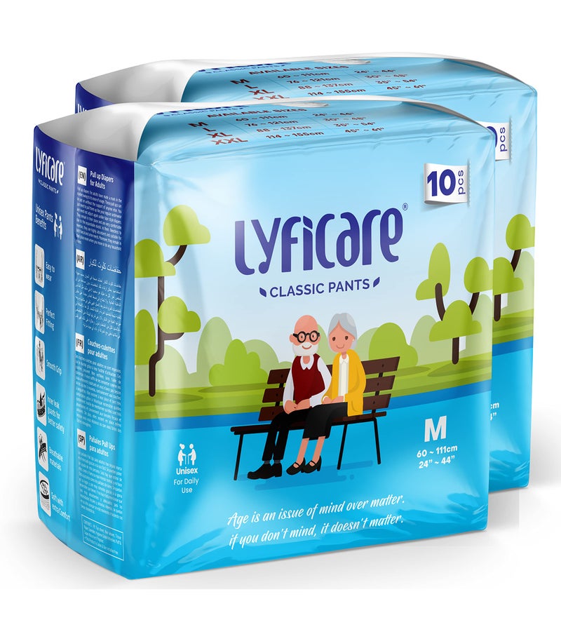 Lyficare Classic Adult Diaper Medium Size (M) - 20 Units (Pack of 2) | Unisex Diapers Pants Style | Waist (60-85 cm) | Wetness Indicator, Super absorb, 360° Protection & 0% Leakage | For Men & Women - Image 1