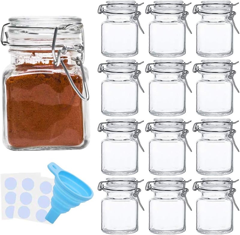 SPANLA Spice Jars, 12 Pack 4oz Small Glass Jars with Airtight Hinged Lid, With 12 Spice Labels & Silicone Funnels, Airtight Glass Jars for Spices, Art Craft Storage (12 Pack) - Image 1