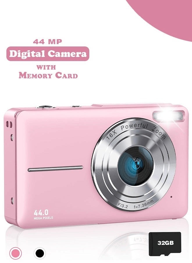 44MP HD Digital Camera with 32GB Card, Compact Photo Camera with 1080P Video, 2.4" Screen, 16X Zoom, Anti-Shake, and Rechargeable Battery for Girls and Boys, Perfect for Kids and Beginners - Image 1