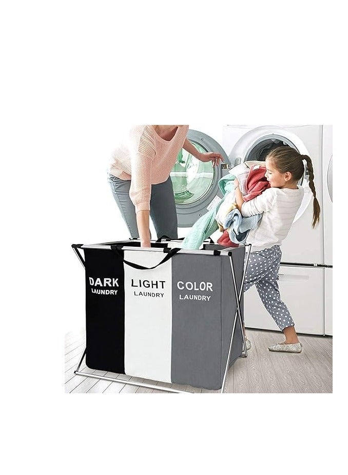 Laundry Basket 3 Sections Foldable Dirty Clothes Hamper Laundry Sorter Organizer, Freestanding Laundry Basket, Tall Collapsible Laundry Basket with Handles for Clothes Toys in Bathroom, Bedroom, Family Closet Storage  - Image 4
