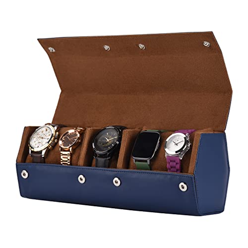 essart Premium Men and Women Watch Box Holder Organizer Case In 5 Slots for luxury watches In PU Leather with Blue colour - Image 1