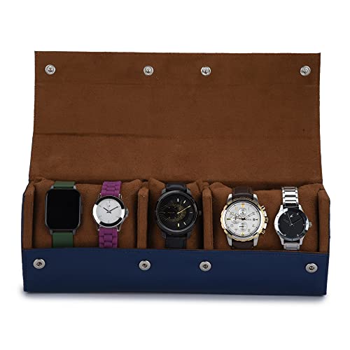 essart Premium Men and Women Watch Box Holder Organizer Case In 5 Slots for luxury watches In PU Leather with Blue colour - Image 3