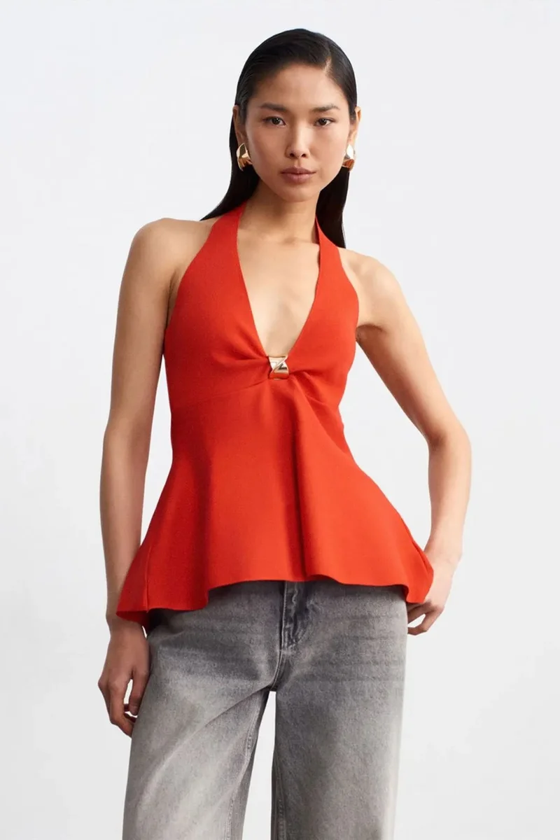 Dilvin Bright Orange DILVIN Seamless Halter Peplum Blouse for Women | Best Price UAE