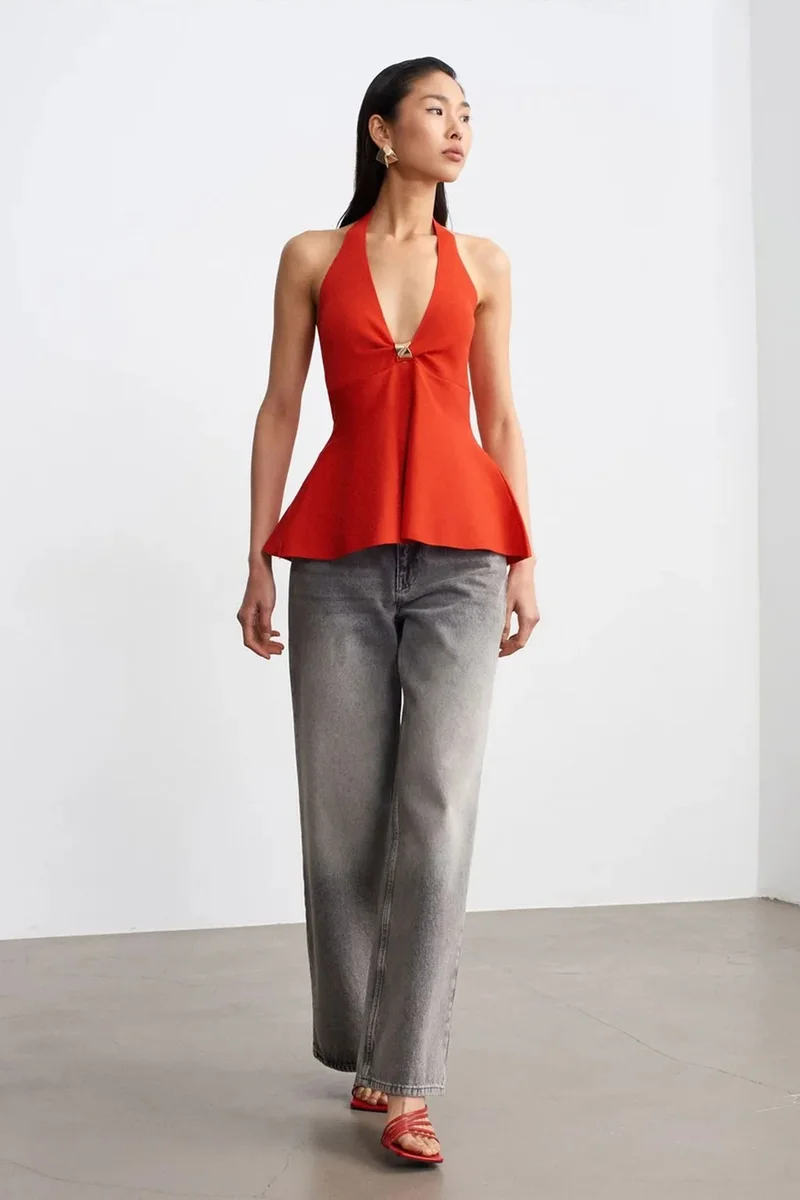 Dilvin Bright Orange DILVIN Seamless Halter Peplum Blouse for Women | Best Price UAE