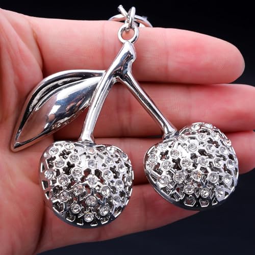 SORGERLY Silver Cherry Bag Charm Keychain - Cute Purse Handbag Fruit Accessories - Beautiful Birthday Gift for Women (Silver) - Image 2