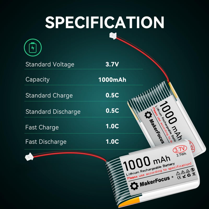 MakerFocus 4pcs 3.7V Lithium Rechargeable Battery JST1.25 Connector 2pin, 952540 3.7V 1000mAh Battery with Protection Board and Insulated Rubber Tape Compatible with ESP32 Development Board - Image 3