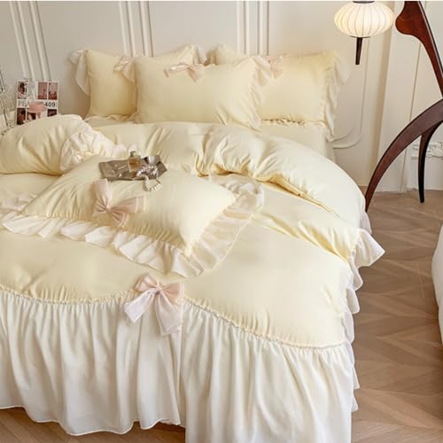 SOUKECHY Ruffled Bedding Bow Duvet Cover Set with Butterfly Tie, Full Comforter Cover Set, Shabby Chic Bedding Set,Romantic French Princess Style -Yellow,Full - Image 5