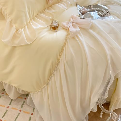 SOUKECHY Ruffled Bedding Bow Duvet Cover Set with Butterfly Tie, Full Comforter Cover Set, Shabby Chic Bedding Set,Romantic French Princess Style -Yellow,Full - Image 4